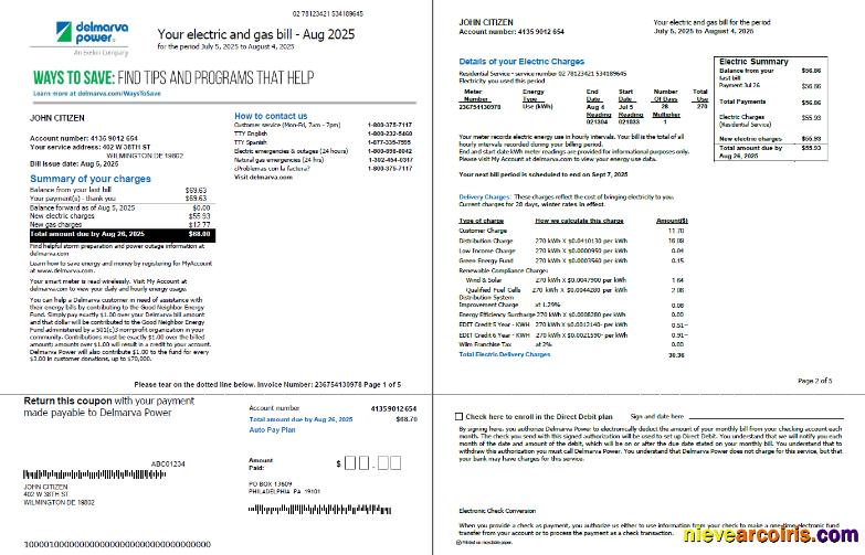 USA Delmarva Power utility bill, 5 pages, 1-2 pages